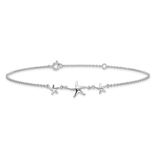 Sterling Silver Rhodium-plated 10in with 1in ext Three Stars Anklet