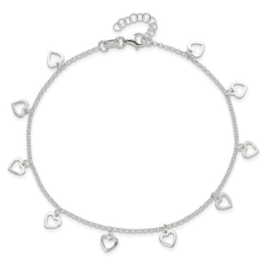 Sterling Silver Polished Heart 9 in Plus 1in ext. Anklet
