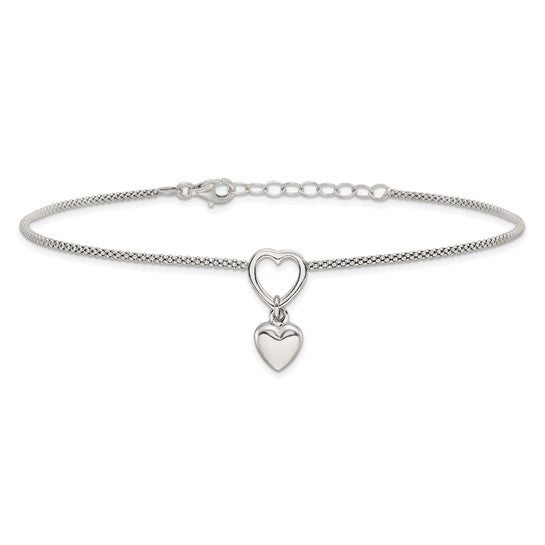 Sterling Silver Rhodium-plated Heart Dangle Charm 9in with 1in ext Anklet
