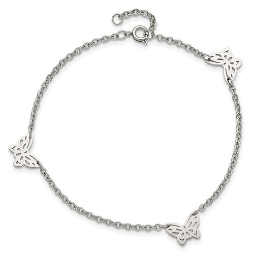 Stainless Steel Polished with Butterfly Charms 9.5 inch Anklet Plus 1 inch Extension