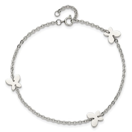 Stainless Steel Polished with Butterfly Charms 9 inch Anklet Plus 1 inch Extension