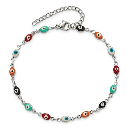 Stainless Steel Polished Enameled Eyes 9 inch Anklet Plus 1 inch Extension