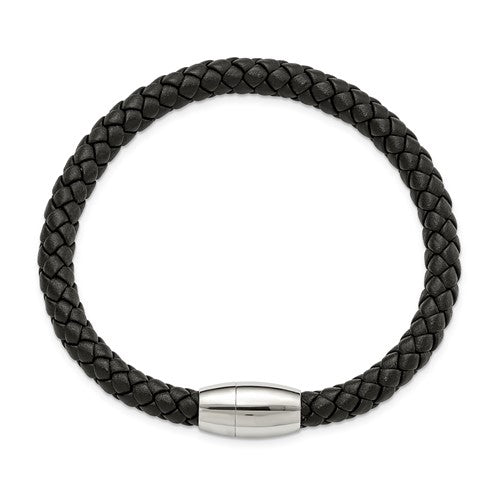 Stainless Steel Polished Black Braided Leather 8.5 inch Bracelet