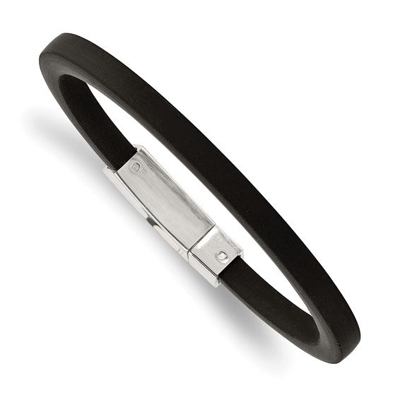 Stainless Steel Polished Black Rubber 8.5 inch Bracelet